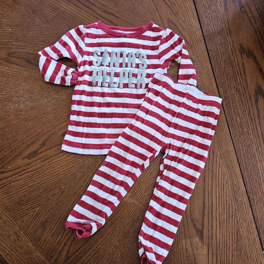 Carters Christmas Pajamas 12m Snug Fit Santa's Helper Red‎ Holiday 2 piece